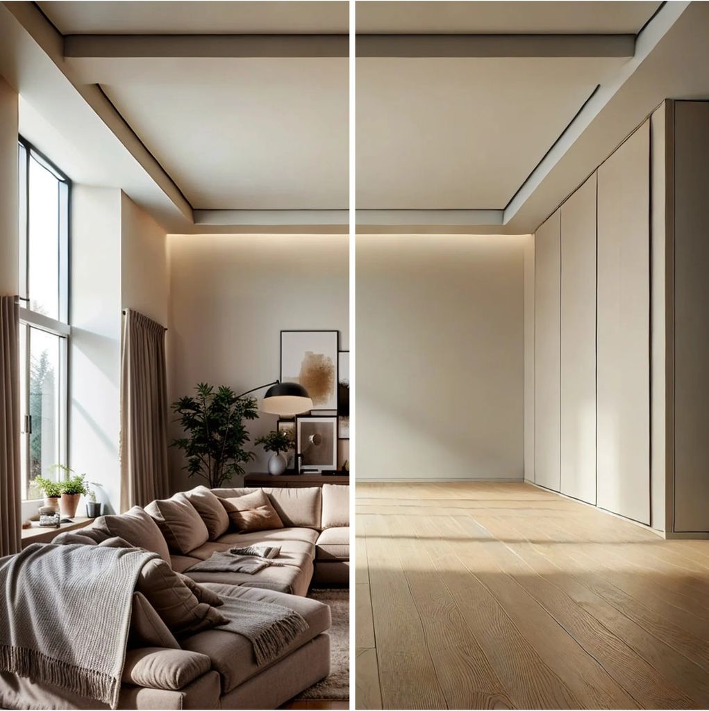 Wohnzimmer zweigeteilt, links mit Möblierung, rechts ohne Möbel