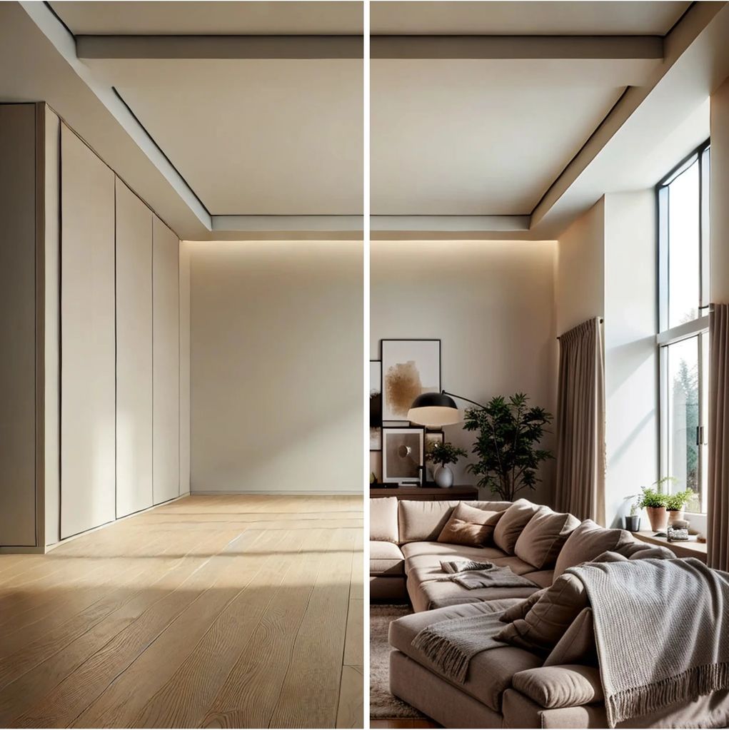 Wohnzimmer zweigeteilt, links ohne Möbel, rechts mit Couch und Wohnzimmermobiliar