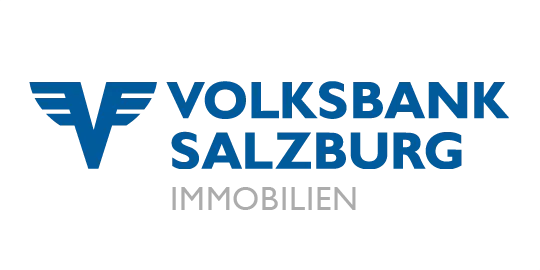 Volksbank Salzburg Immobilien blauer Schriftzug mit blauem V-Icon