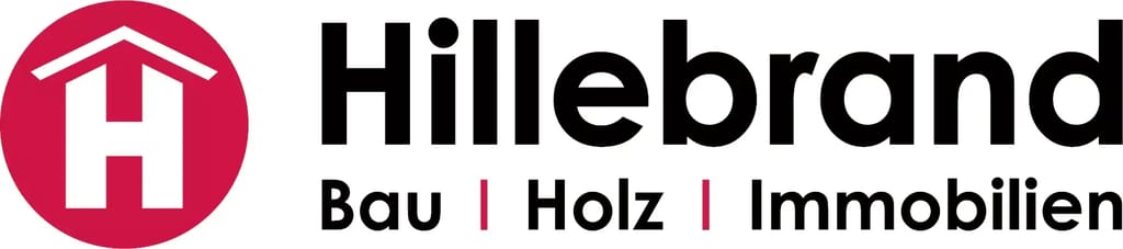 Hillebrand Bau, Holz, Immobilien schwarzer Schriftzug mit rotem Icon