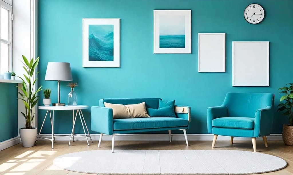 Wohnzimmer mit Sofa, Sessel, mehreren Bildern, türkiser Wand, Eichenboden, Teppich, Fenster und Pflanzen