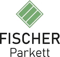 Logo mit Schriftzug Fischer Parkett und Icon von Parkettboden in Grün