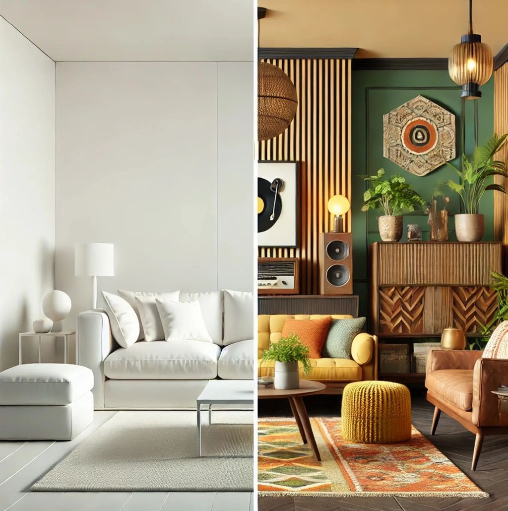 Wphnzimmer zweigeteilt, links mit brauen Möbeln und Boden, rechts mit grauem Mobiliar