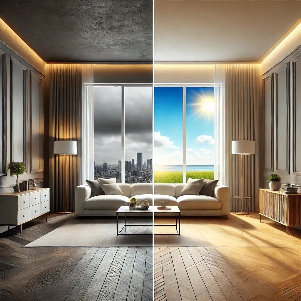 Wohzimmer zweigeteilt, links grau in Grau, rechts mit Fenster mit Sonnenlicht und Wiese