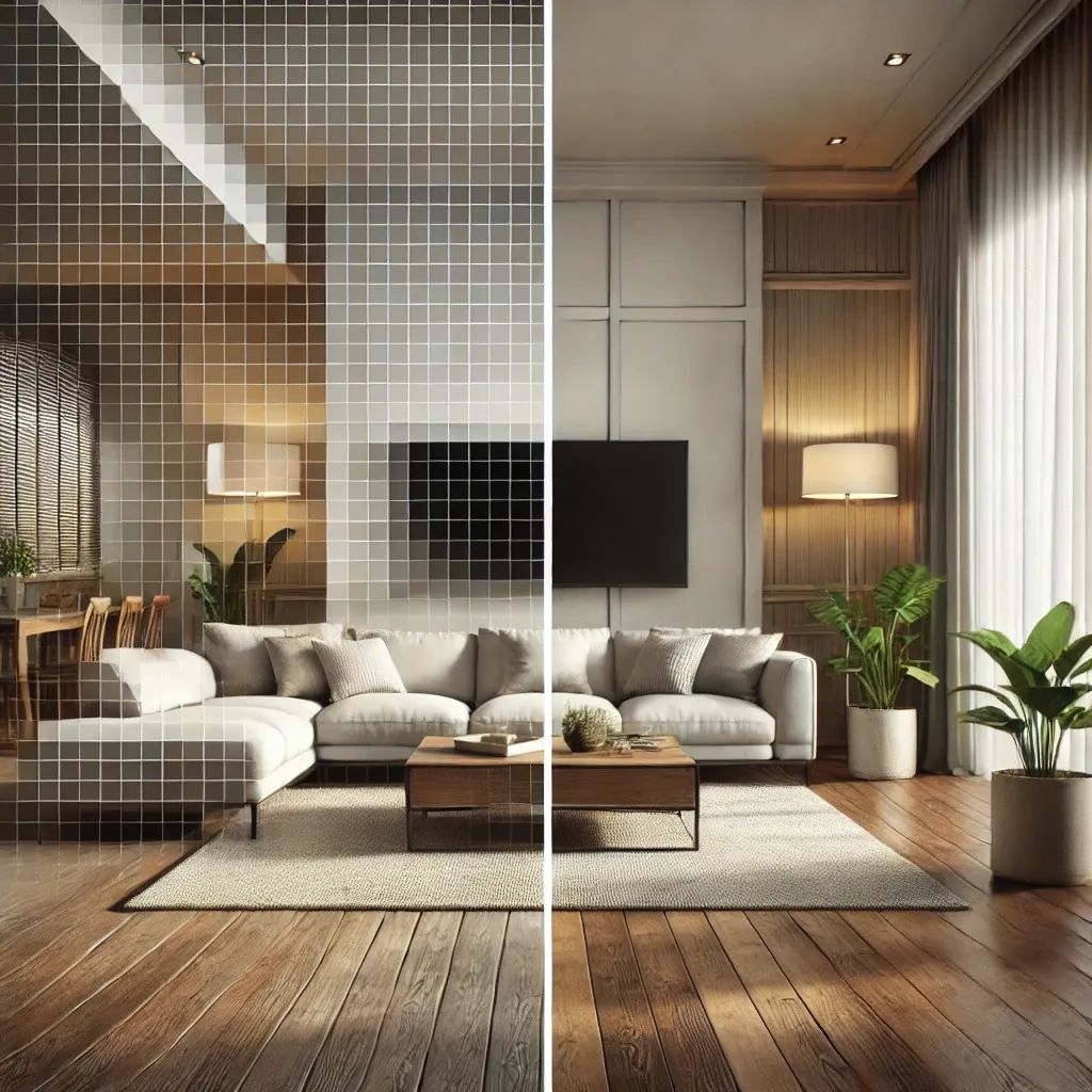 Wohnzimmer mit Strich in der Mitte, links verpixelt, rechts scharf