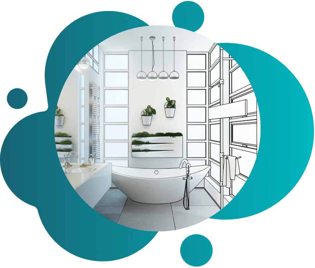Badezimmer halb gezeichnet geplant, halb als Rendering