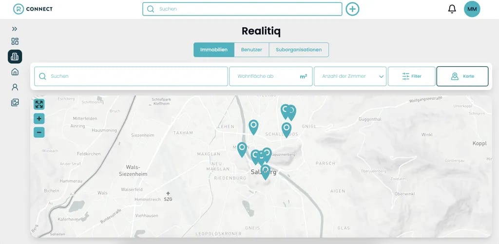 Kartenansicht von Immobilien in Realitiq