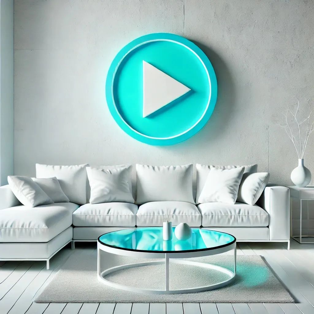 Weißes Wohnzimmer mit weißem Sofa und türkisem Playbutton als Bild darüber