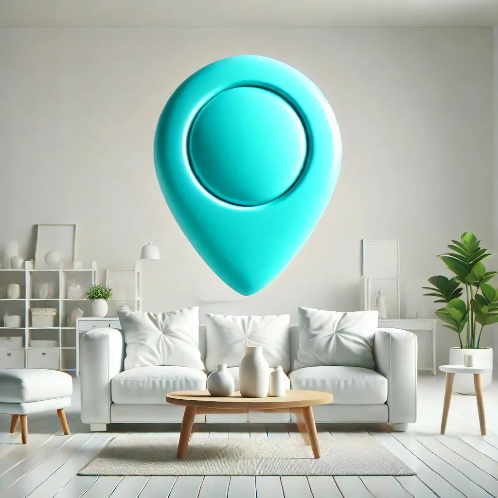Weißes Wohnzimmer mit weißer Couch und Möbel. Darüber schwebt ein realistischer türkiser Pin