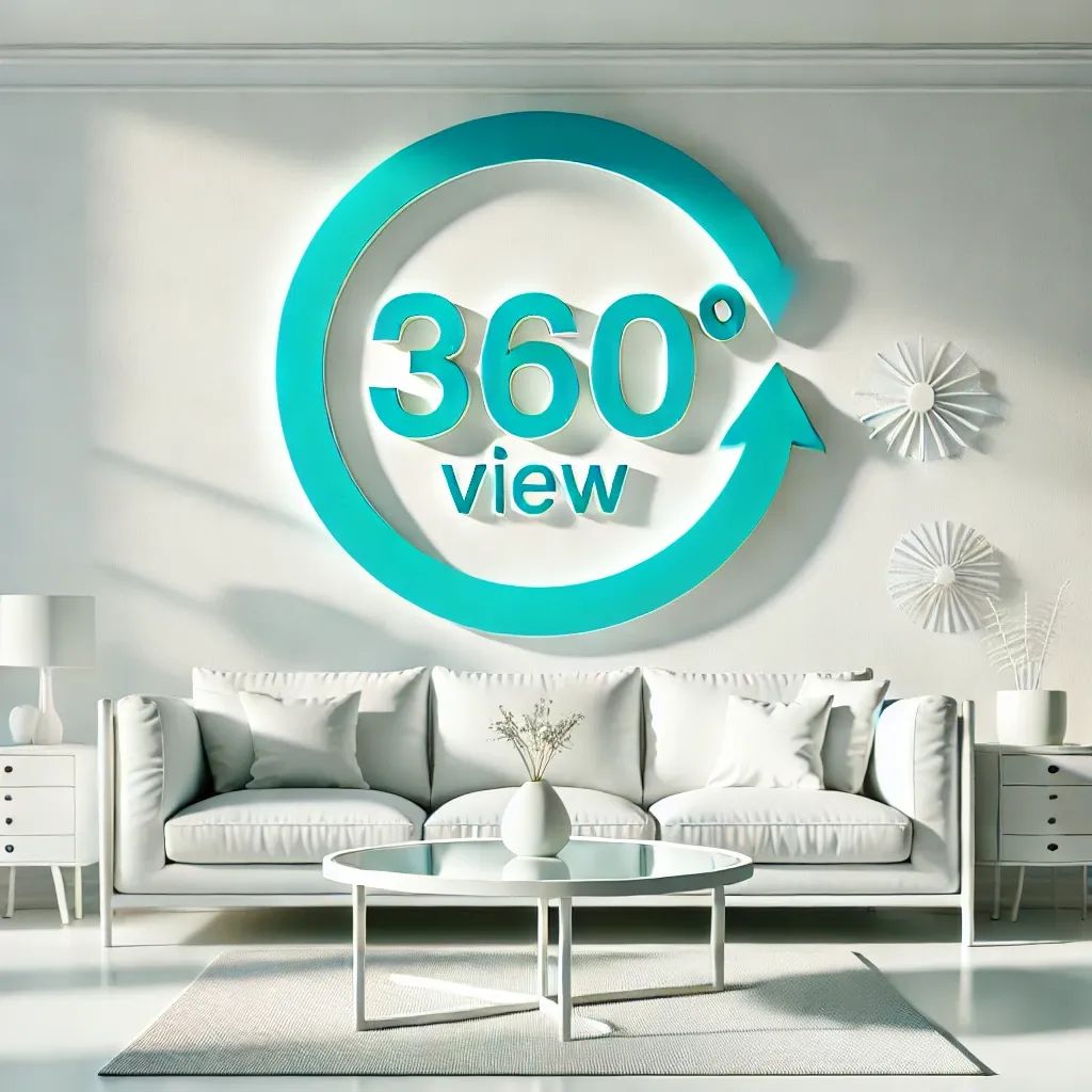 Wohnzimmer mit weißen Möbeln und Couch mit Schriftzug 360°-View und Kreis in der Mitte