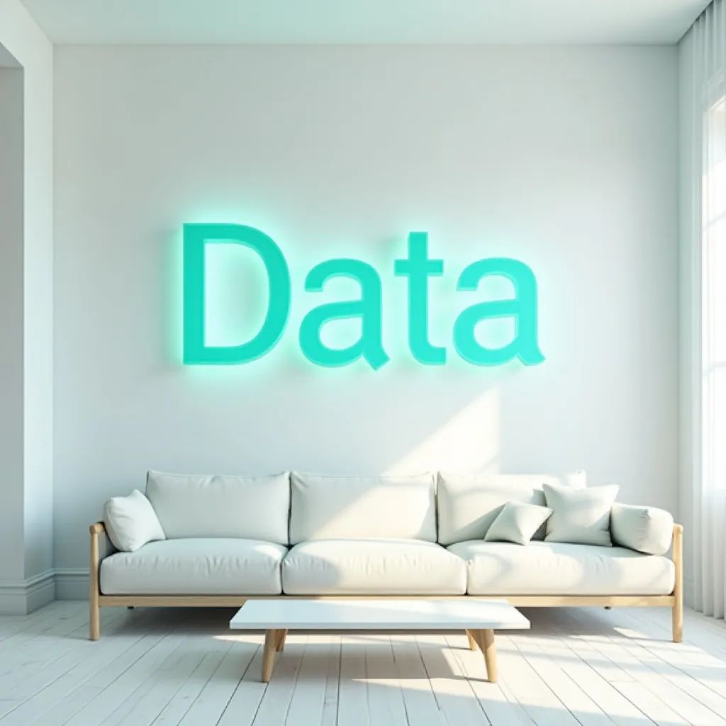 Weißes Sofa in Wohnzimmer mit Schrift Data in Türkis darüber