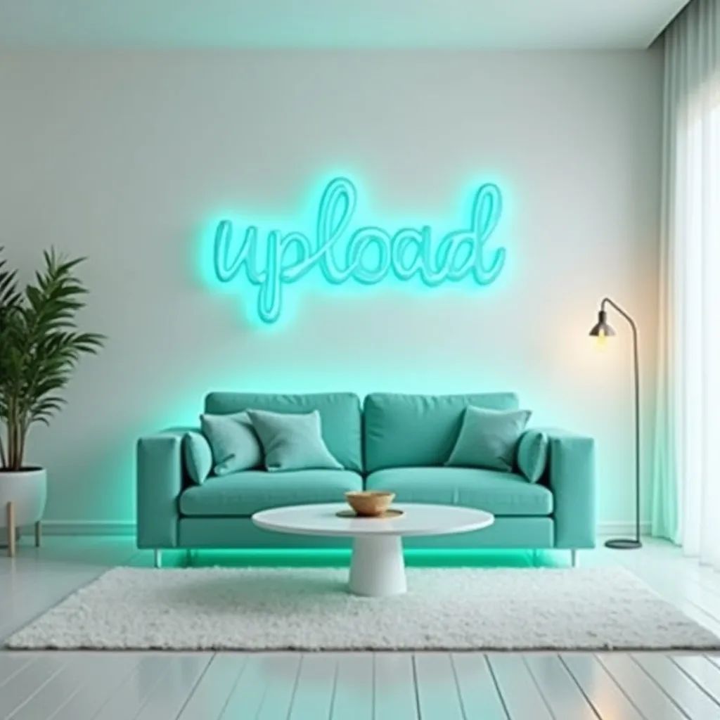 Türkis leuchtendes Sofa in Wohnzimmer mit Schrift Upload darüber