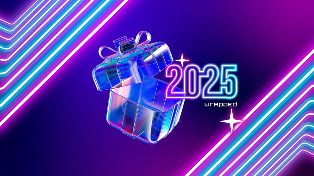 Titelbild 2025 Wrapped als animierter Schriftzug mit 3D-Geschenkbox