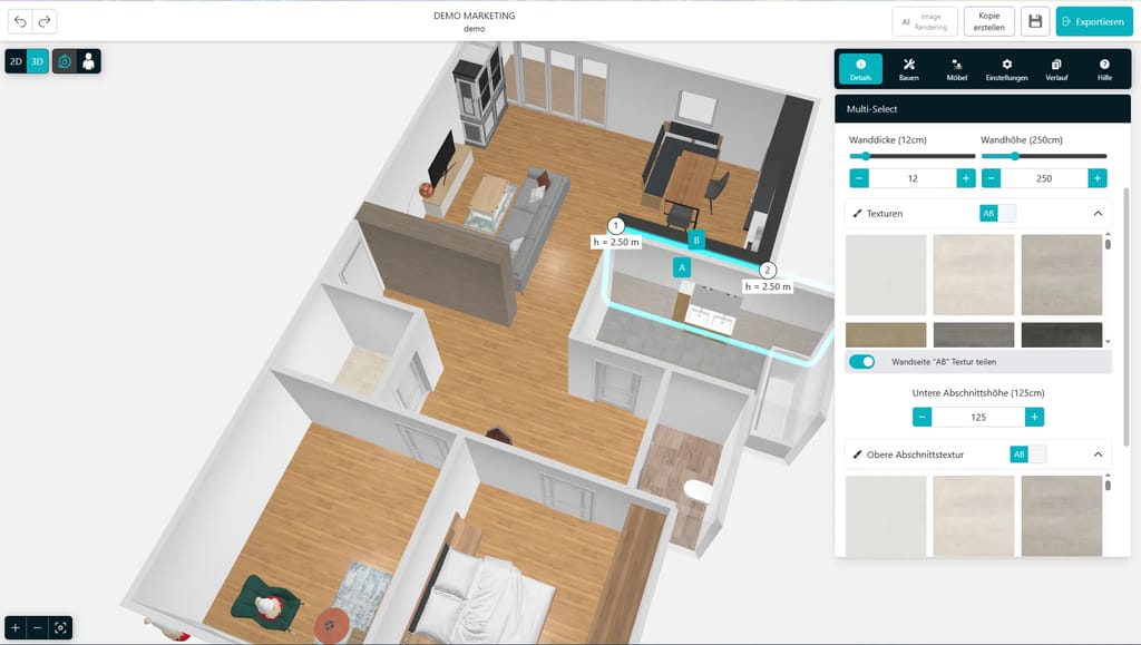 Wandtexturen auf die Hälfte Teilen um Wand nicht bis zur Decke zu verfliesen im digitalen Zwilling von REALITIQ