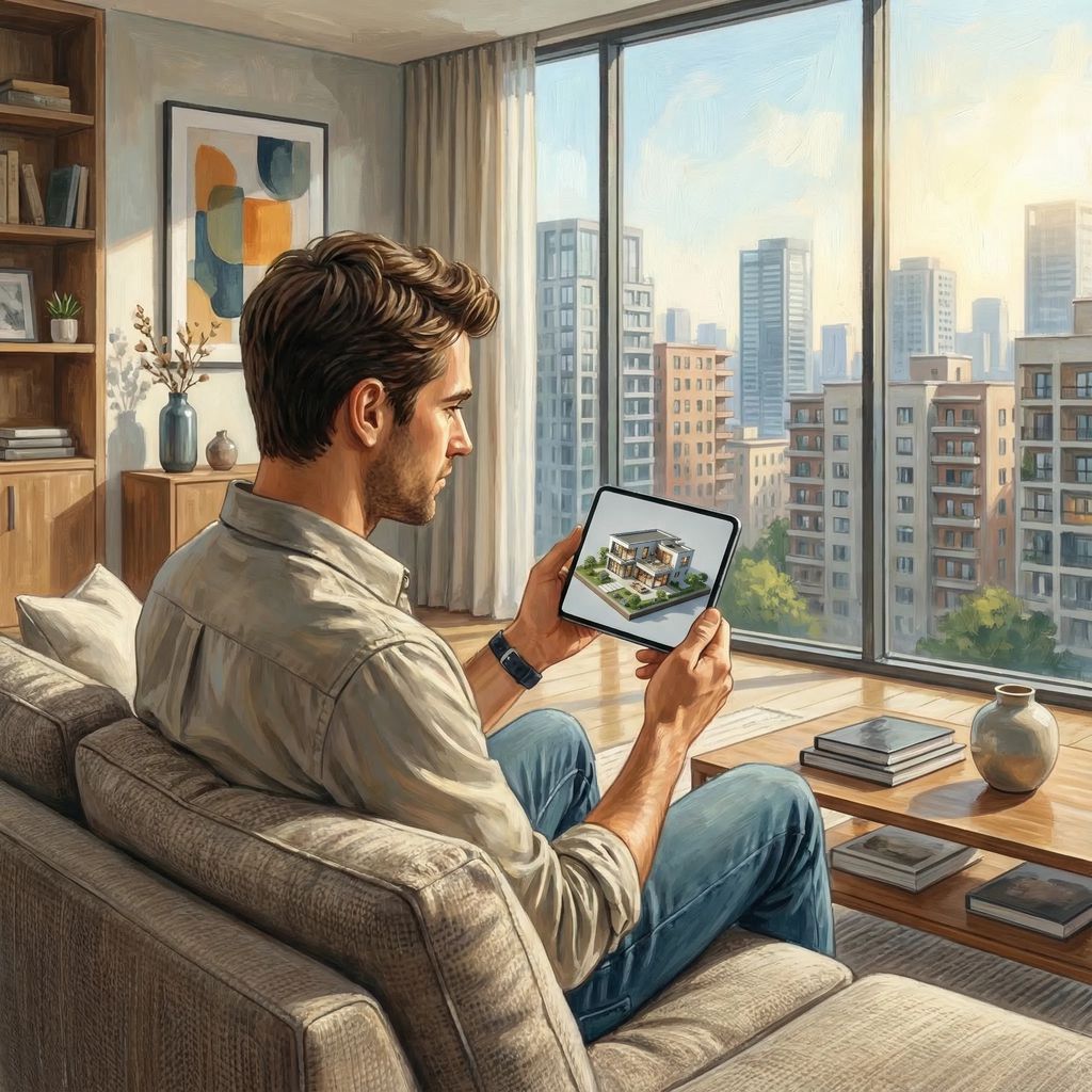 Illustration von Mann in Neuzeit der in seinem Apartment auf Tablet einen Immobilienzwilling betrachtet
