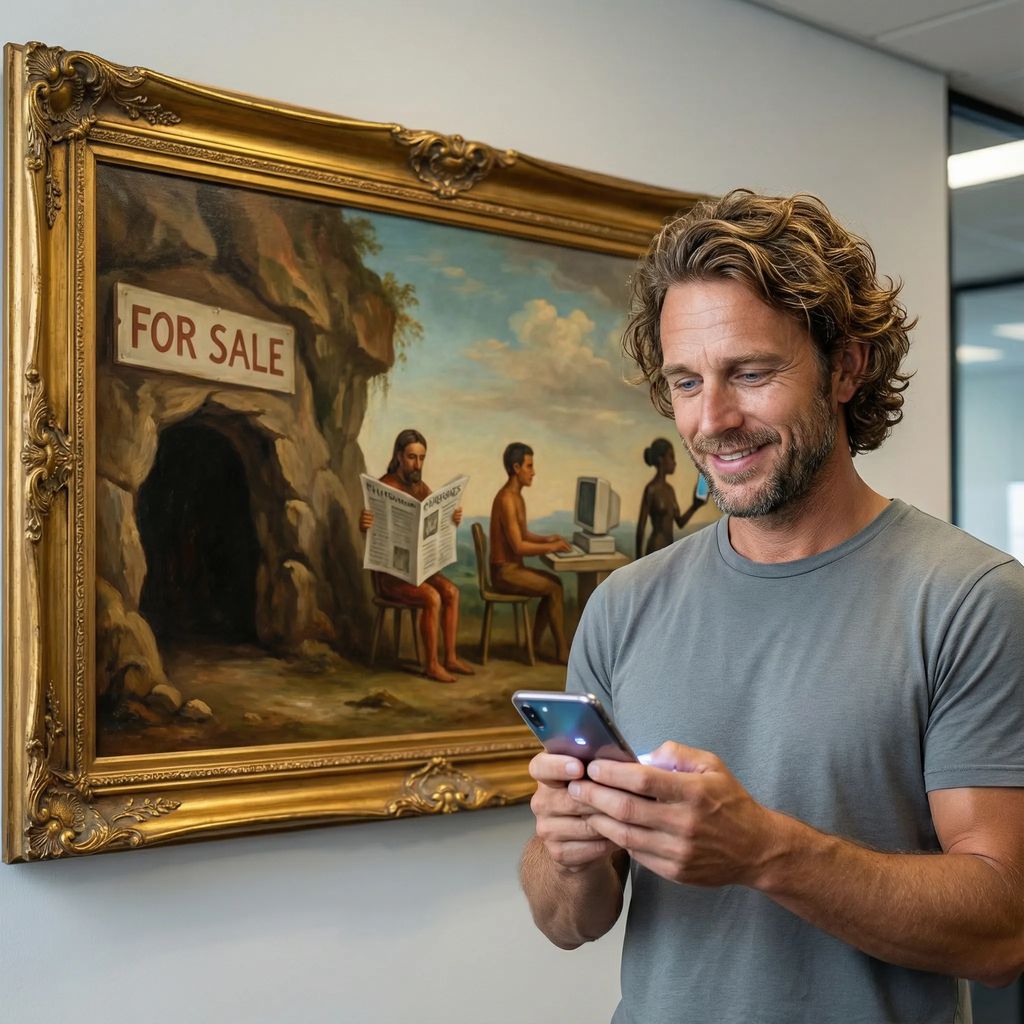 Mann mit Smartphone vor Gemälde zur Illustration der Evolution im Immobilienmarketing