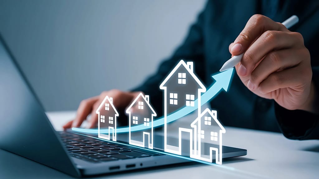 Person with Laptop and illustrated houses on a bar chart