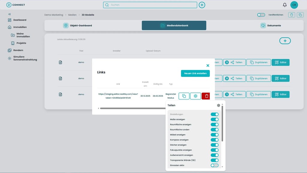 Optionen für shared Links der digitalen Zwillinge von REALITIQ