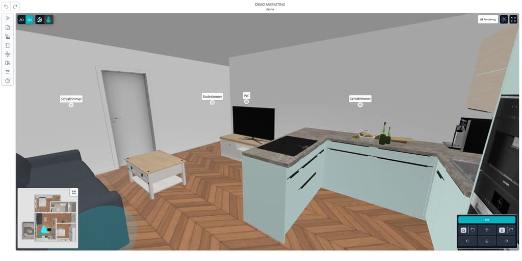 Digitales Immobilienexposé mit FPV-Ansicht des digitalen Zwillings im offenen Wohnbereich