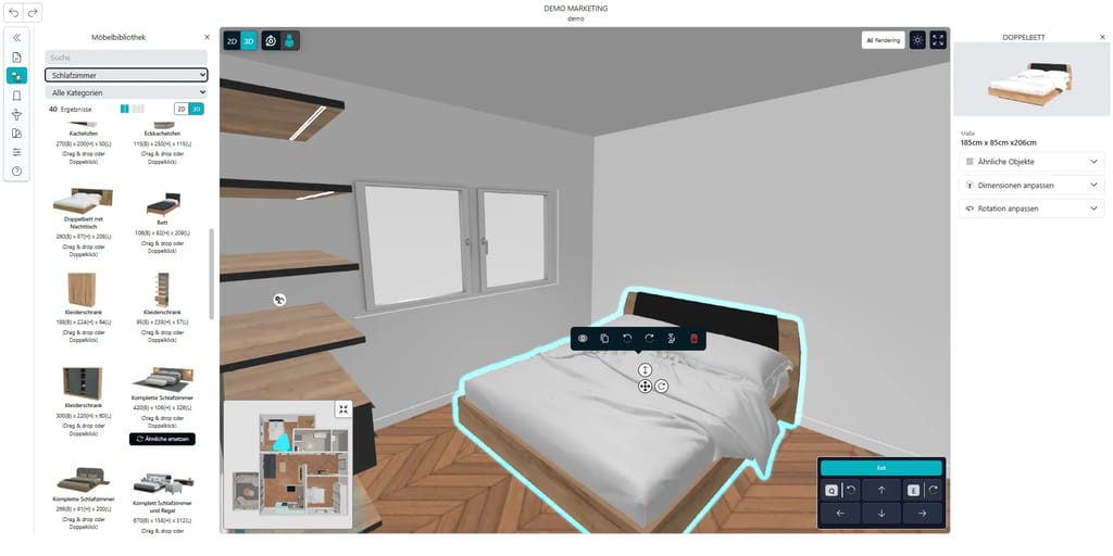 Digitales Immobilienexposé in FPV-Ansicht des digitalen Zwillings, wo gerade ein Bett eingefügt wird