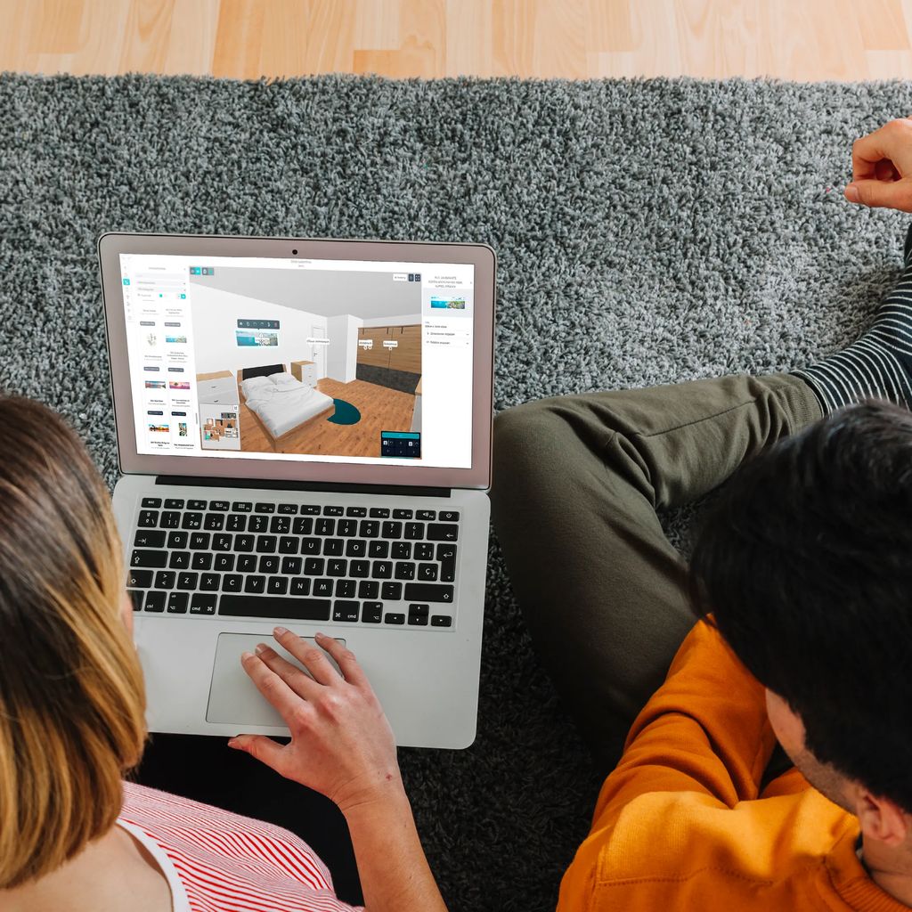 Person with Laptop and view of 3D configurator with furniture choosing