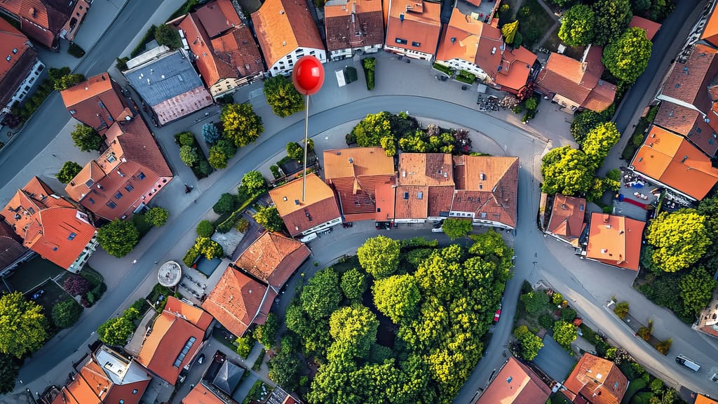 Stadt von oben mit Lagepin an einem Haus