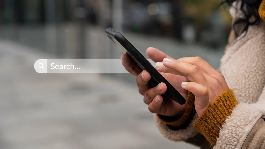 Woman searching online with smartphone & searchbar in the background