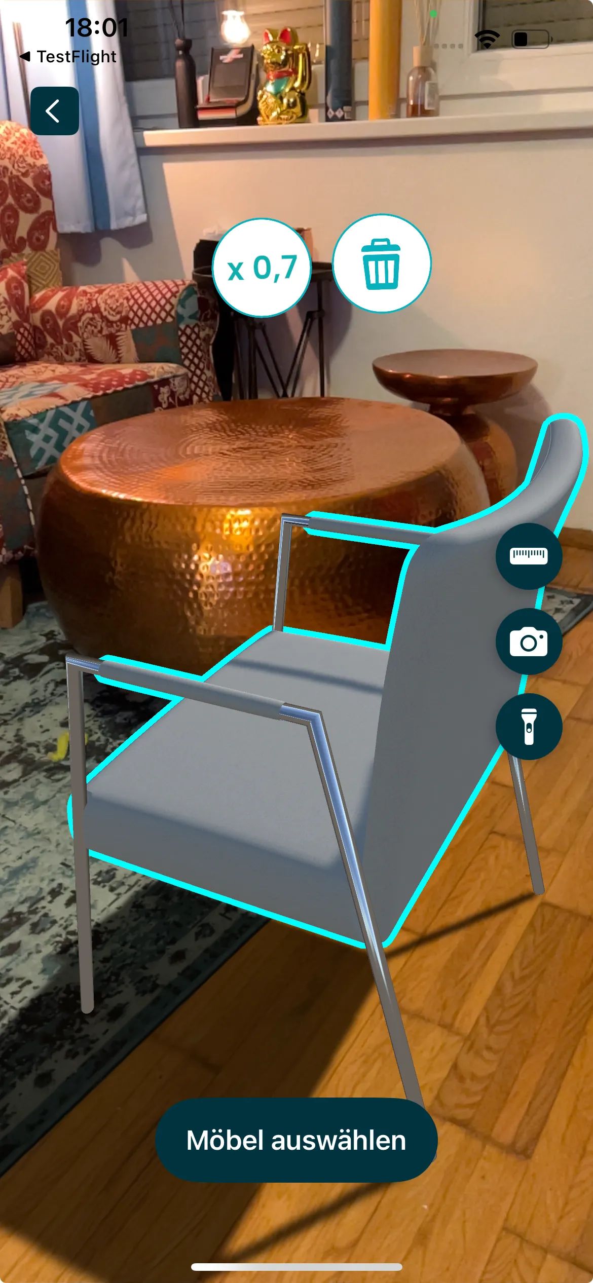 AR placed chair in REALITIQ APP