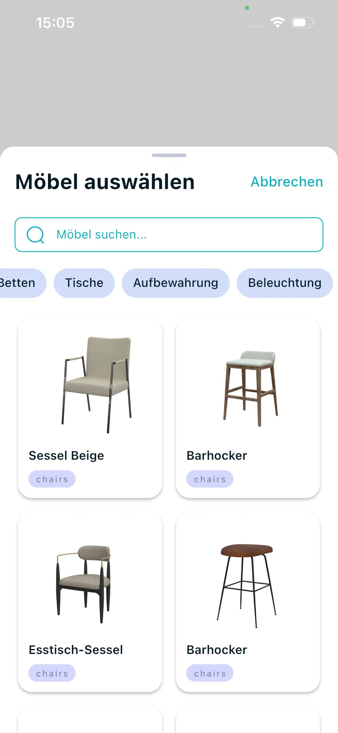 Möbel für AR-Darstellung in REALITIQ-App auswählen