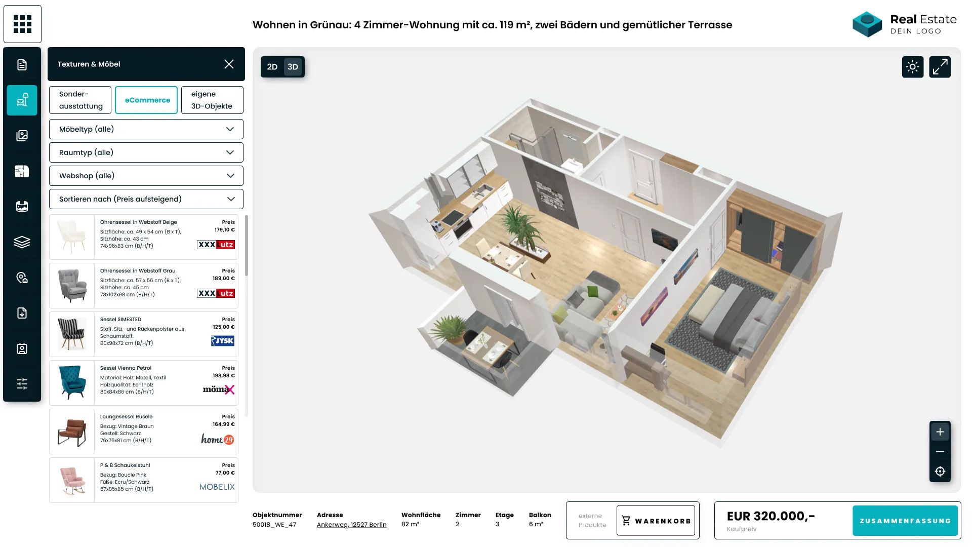 eCommerce Möbel im Konfigurator/digitalem Exposé für Interessenten