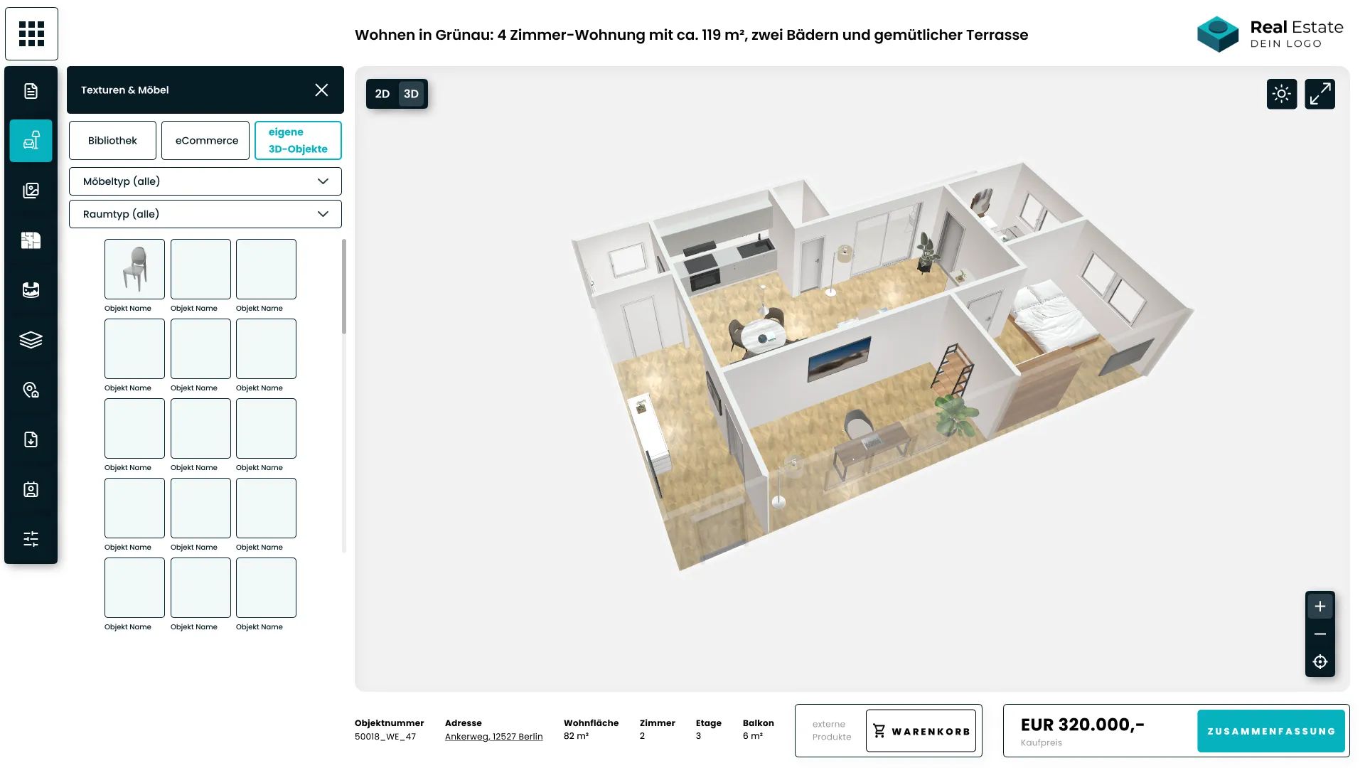 Möbel einfügen im digitalen Exposé von Realitiq