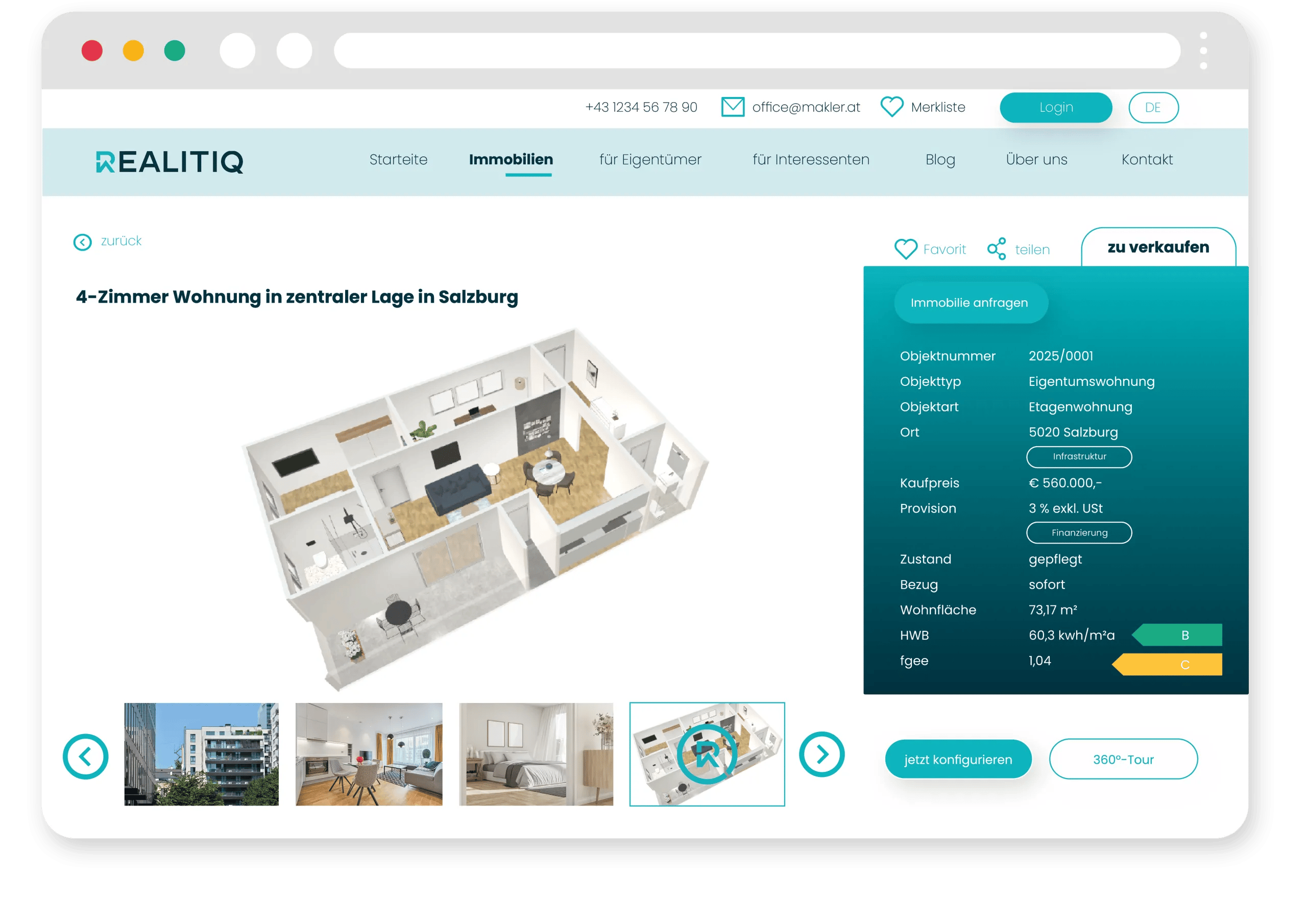 Türkise Maklerwebsite mit Bildergalerie, 3D-Modell, Immobiliendaten uvm.