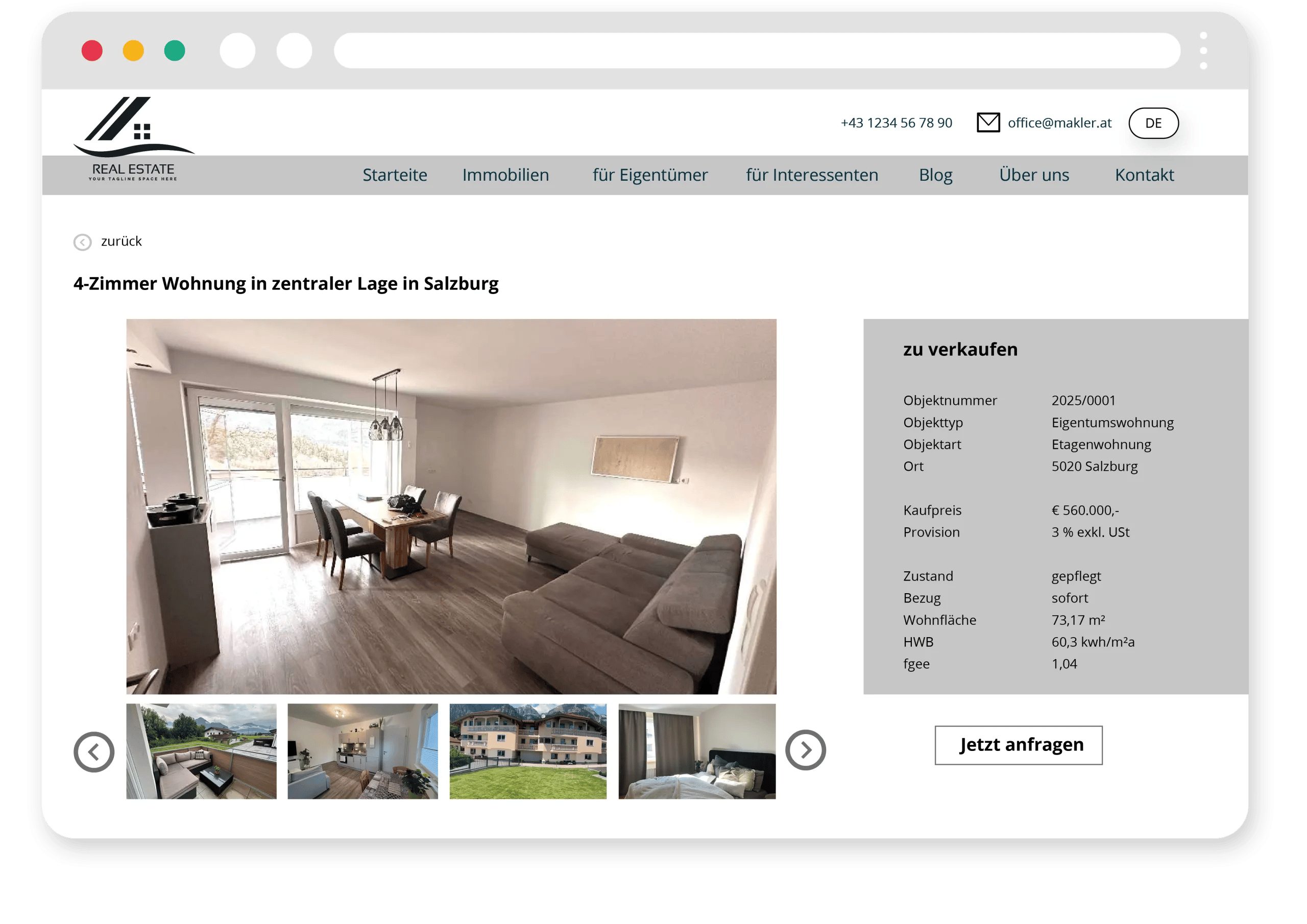 Graue Maklerwebsite mit Bildergalerie und Objektdetails
