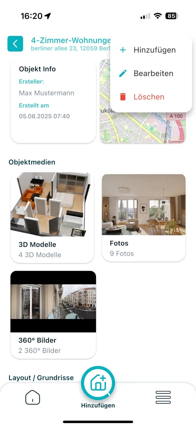 Objektdashboard in der Realitiq App