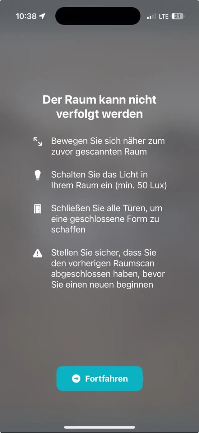 Hinweise beim LiDAR-Scan in der Realitiq-App