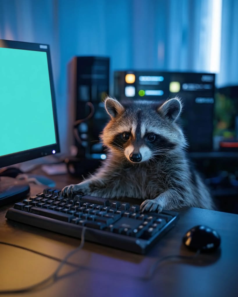 AI Racoon sitting on a work desk with keyboard