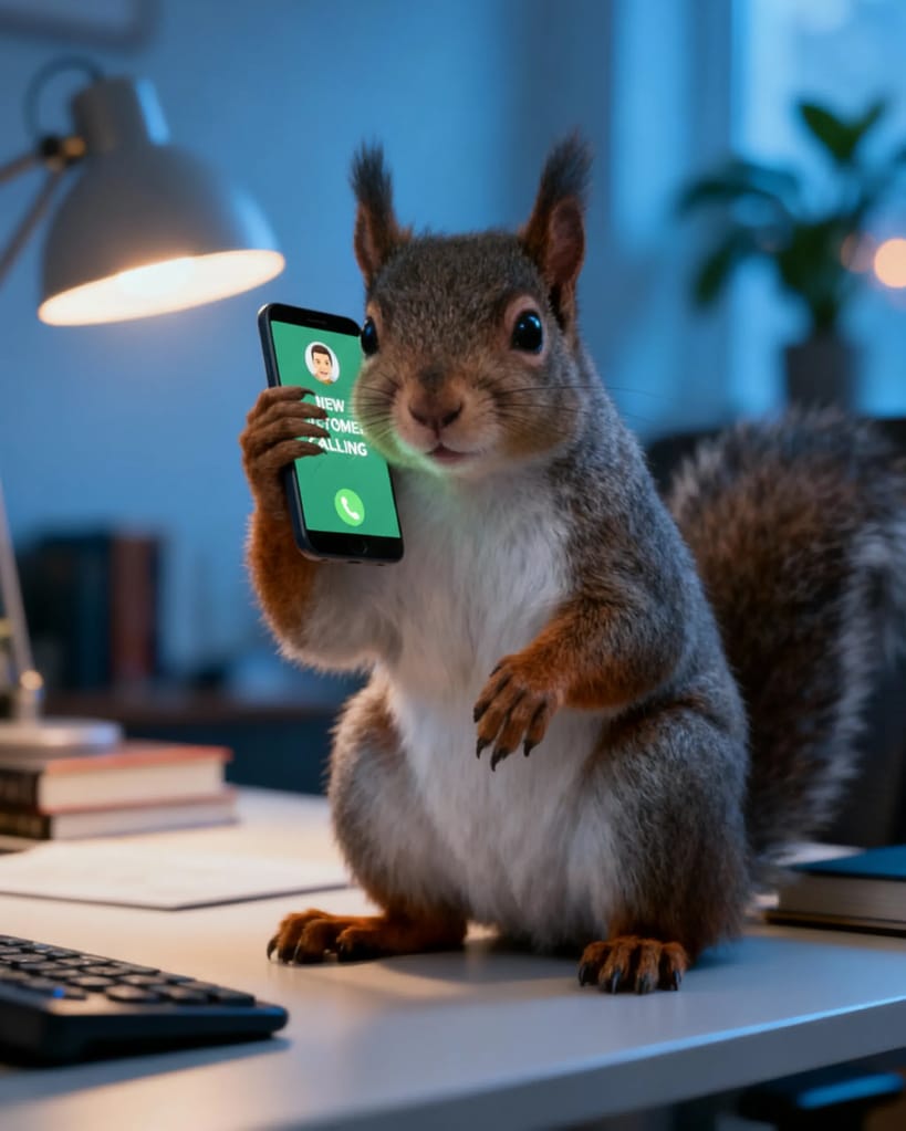 AI Squirrel holding a smartphone in hand
