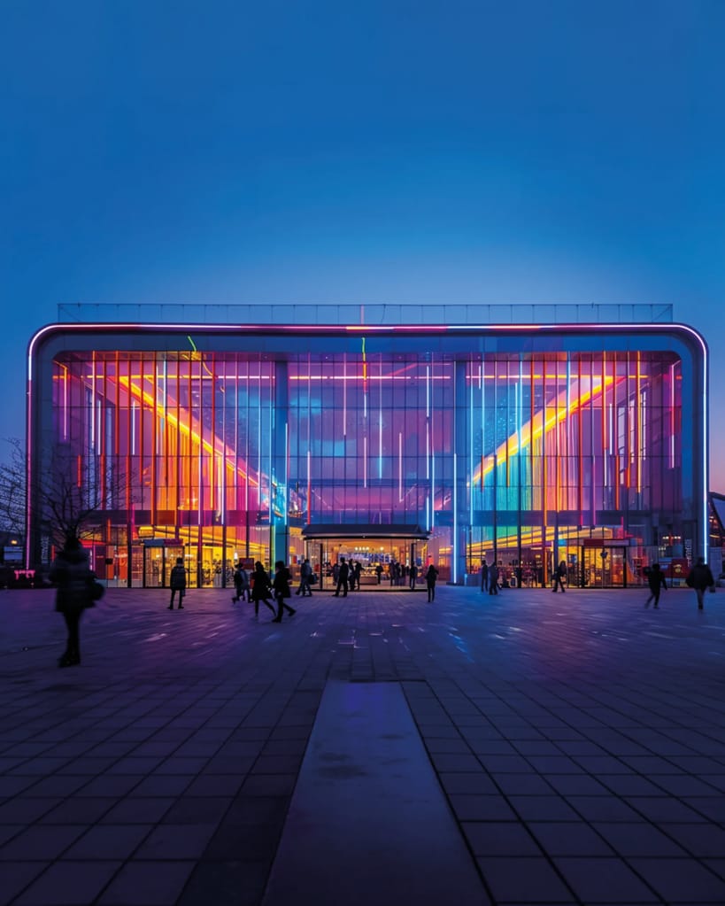 Messehalle bei Nacht mit dunkler Beleuchtung