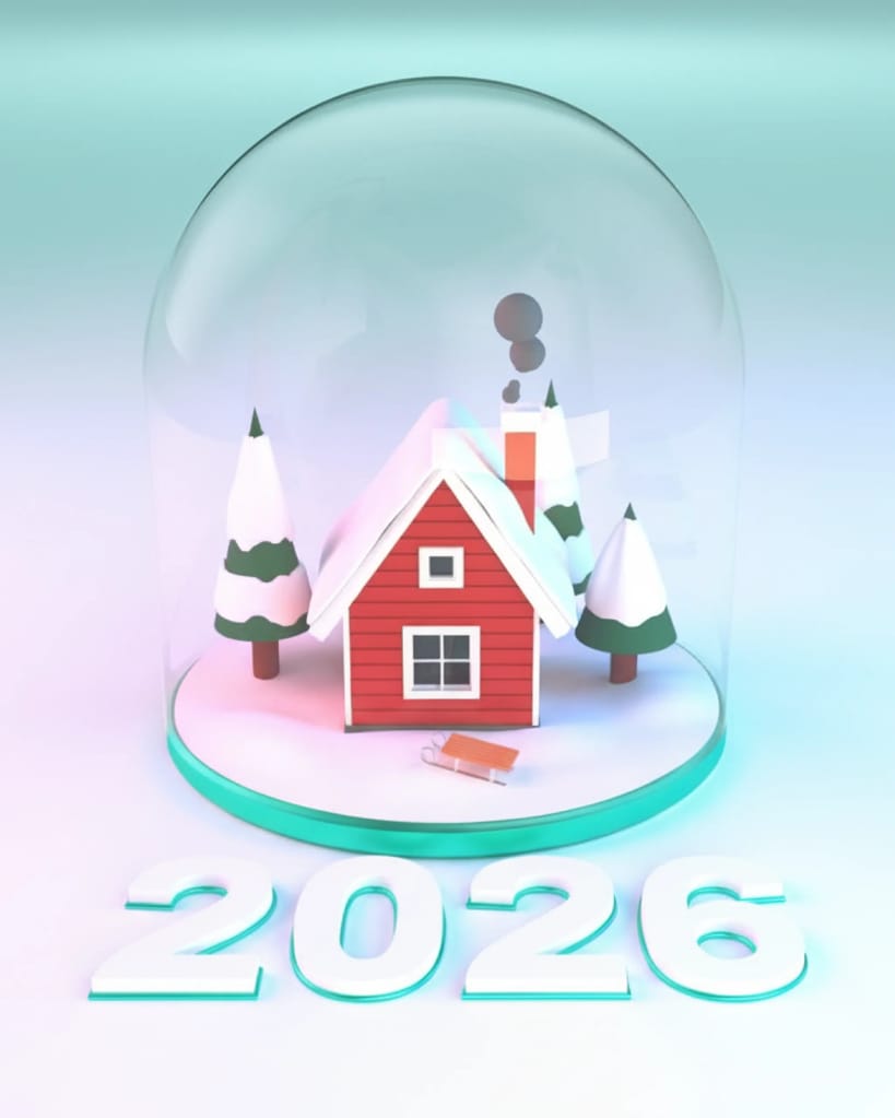 2026 mit illustration eines Hauses in einer Schneekugel