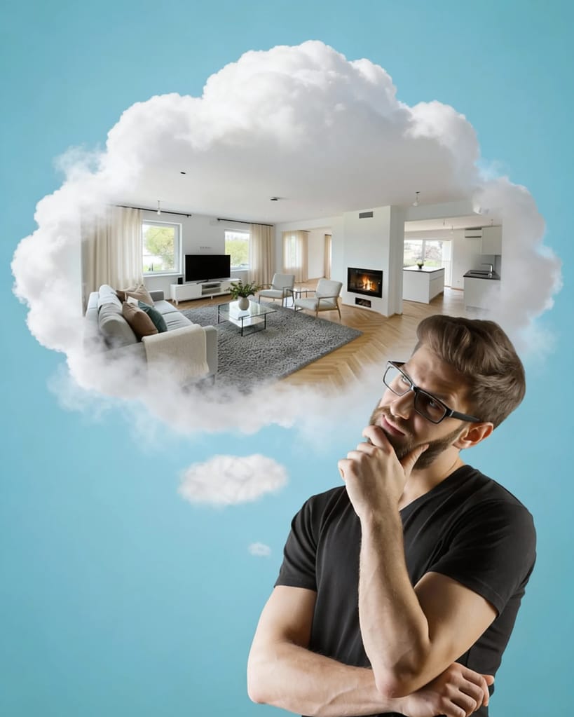 Person denkt mit Wolke & KI-gestagedem Bild eines Wohnzimmers darin