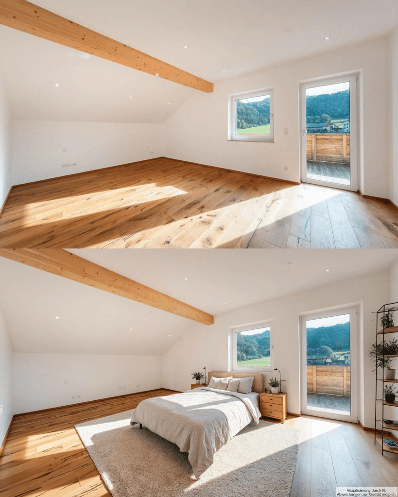 KI virtual Staging eines leeren Raums mit Parket - oben leer, unten als Schlafzimmer möbliert