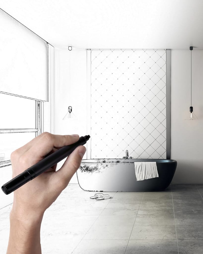 Hand skizziert ein Badezimmer mit schwarzem Filzmarker