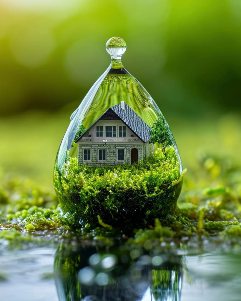 Haus in Wassertropfen der auf Moosuntergrund fällt