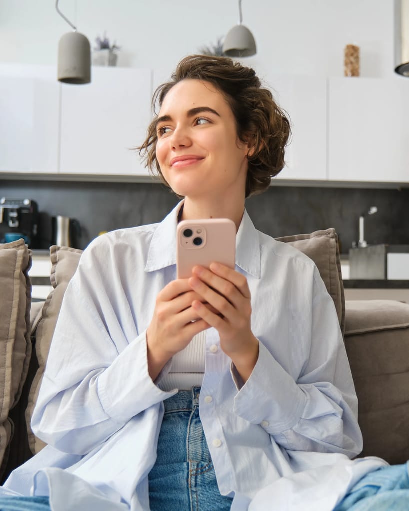 Woman with phone in her hand sitting on a couch with kitchen in background smiling