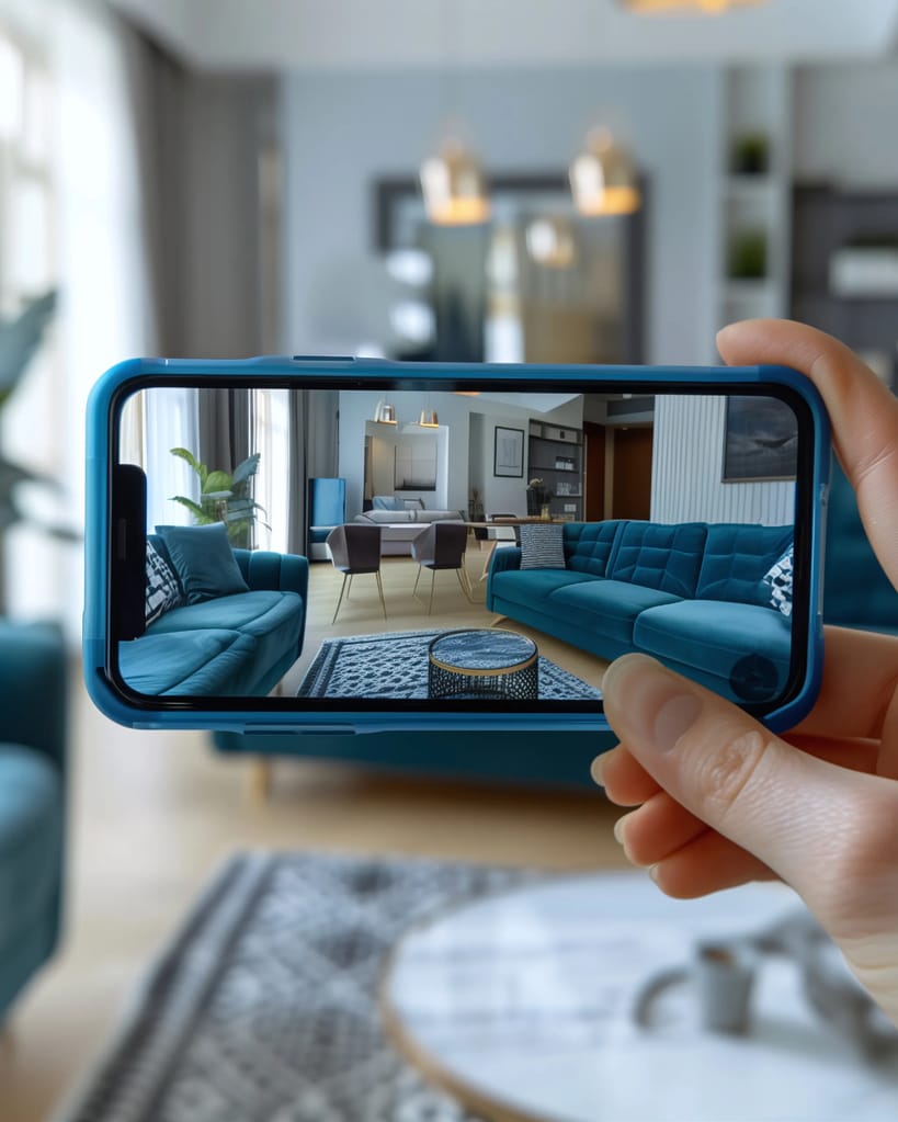 Person holds smartphone to film apartment interior