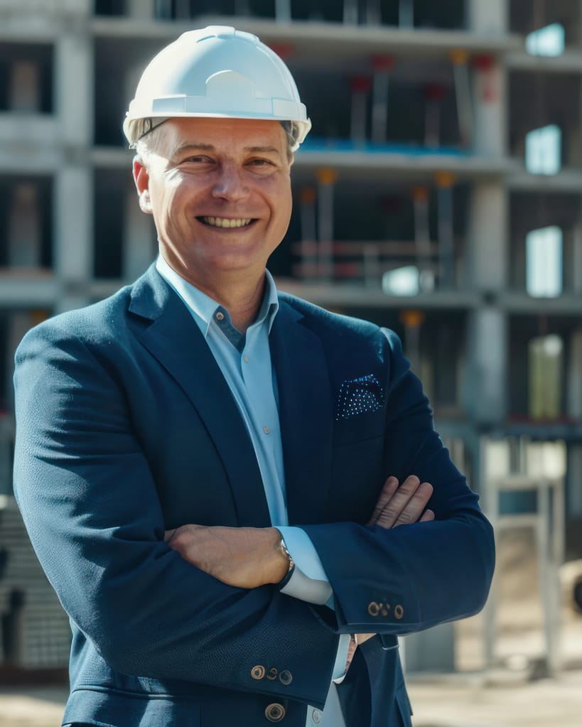 a cover photography, body and face photo, a contractor in construction smiles confidently. He is standing with his arms folded in front of a building in construction. He is wearing a formal blue suit and a white helmet at the end of a sunny day. he is standing in a construction site with one construction crane in the middle of a green park. The scene is meticulously detailed, with cinematic lighting emphasizing the machinery, the precise architectural details, and the organized chaos of the construction site. hyper realistic, 35mm, detailed, intricate stock photo