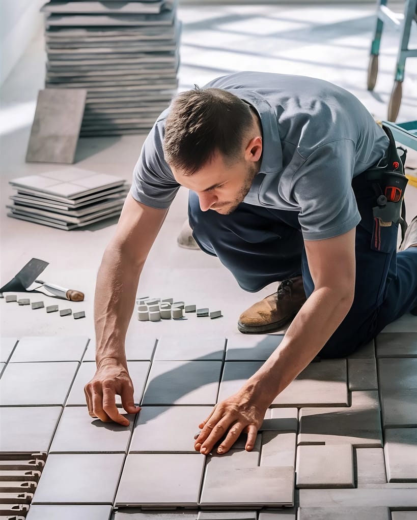 Handwerker legt Fliesen
