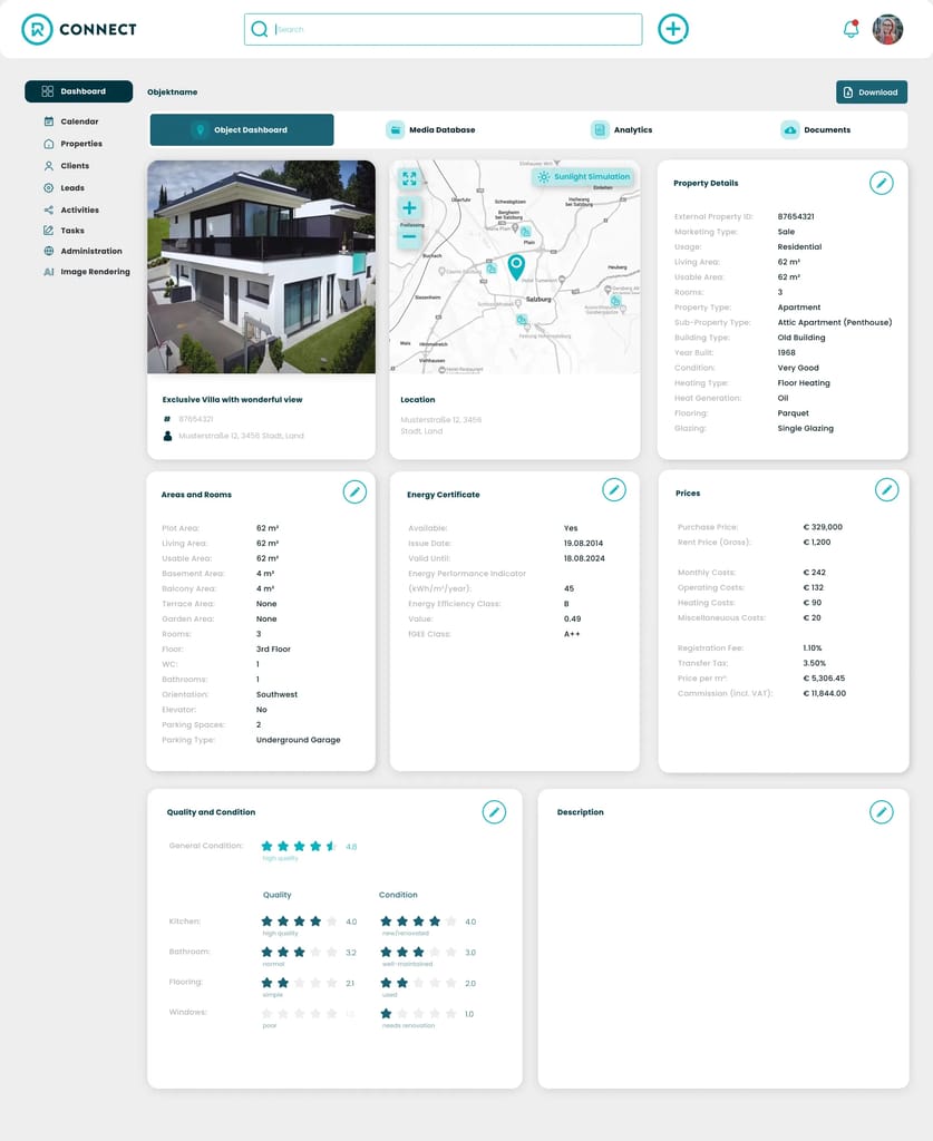 Objekt Dashboard einer Immobilie in Realitiq Connect