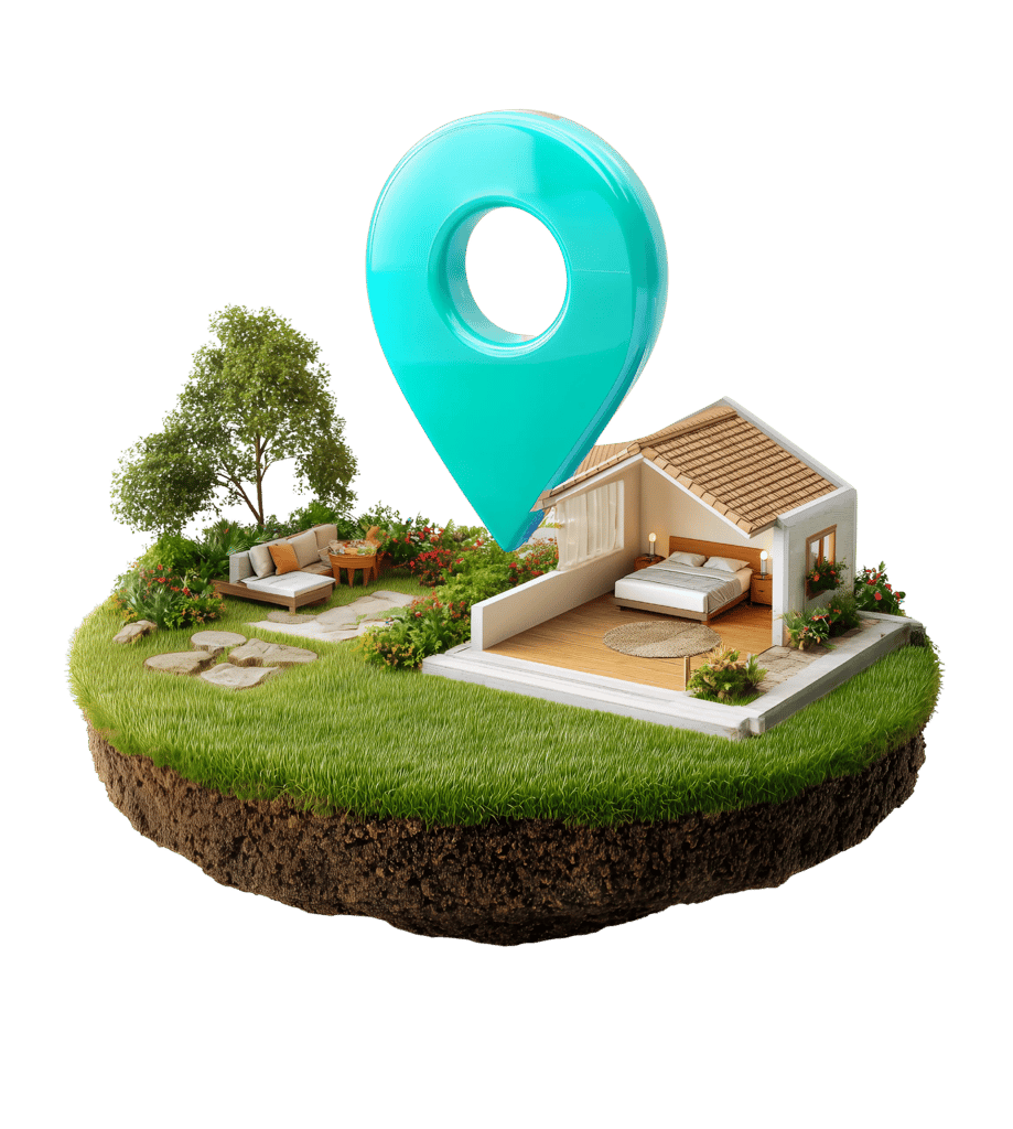 3D-Visualisierung eines Hauses mit Lagepin, Garten & offenen Wänden