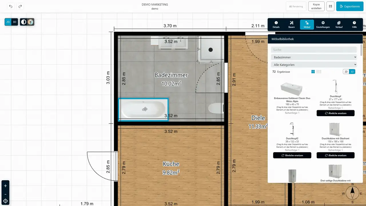 Badezimmer im 3D-Modell von Realitiq einrichten